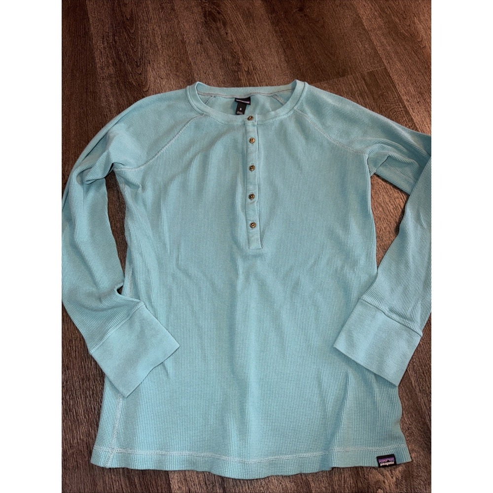 Patagonia Shirt Womens Medium Waffle Henley Thermal Long Sleeve Teal Organic